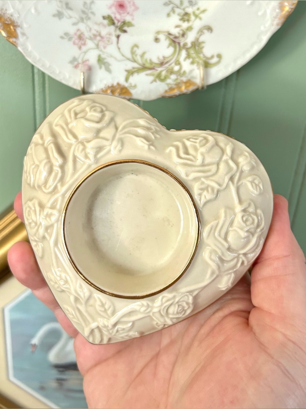 LENOX China Heart Shaped Tea Light Votive Candleholder w/ Roses & Gold Rim